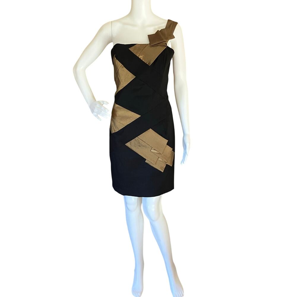 Vintage Y2K Cache One Shoulder Cascade Ribbon Mini Dress Size 10 Bronze Black